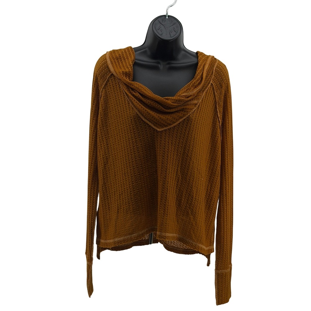 We The Free Top Sz XS Orange Waffle Knit Hooded Cowl Neck Thermal Boho Long Slv
